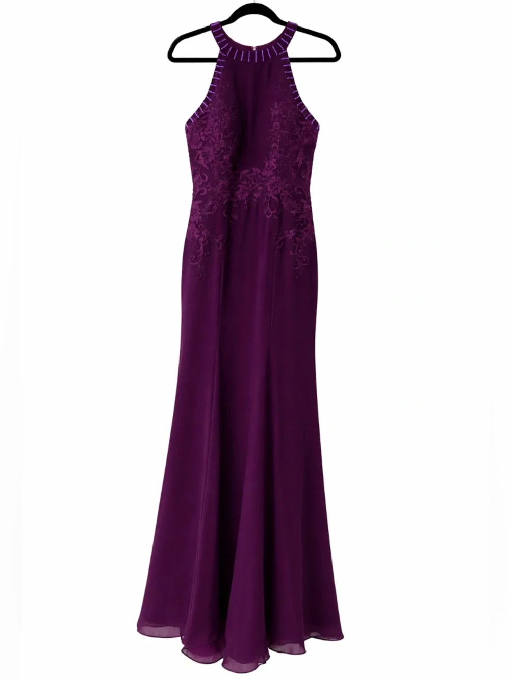 Plum Purple Lace Appliqué Beaded Halter Gown |  Formal Dress | Wedding Guest - Picture 8 of 13